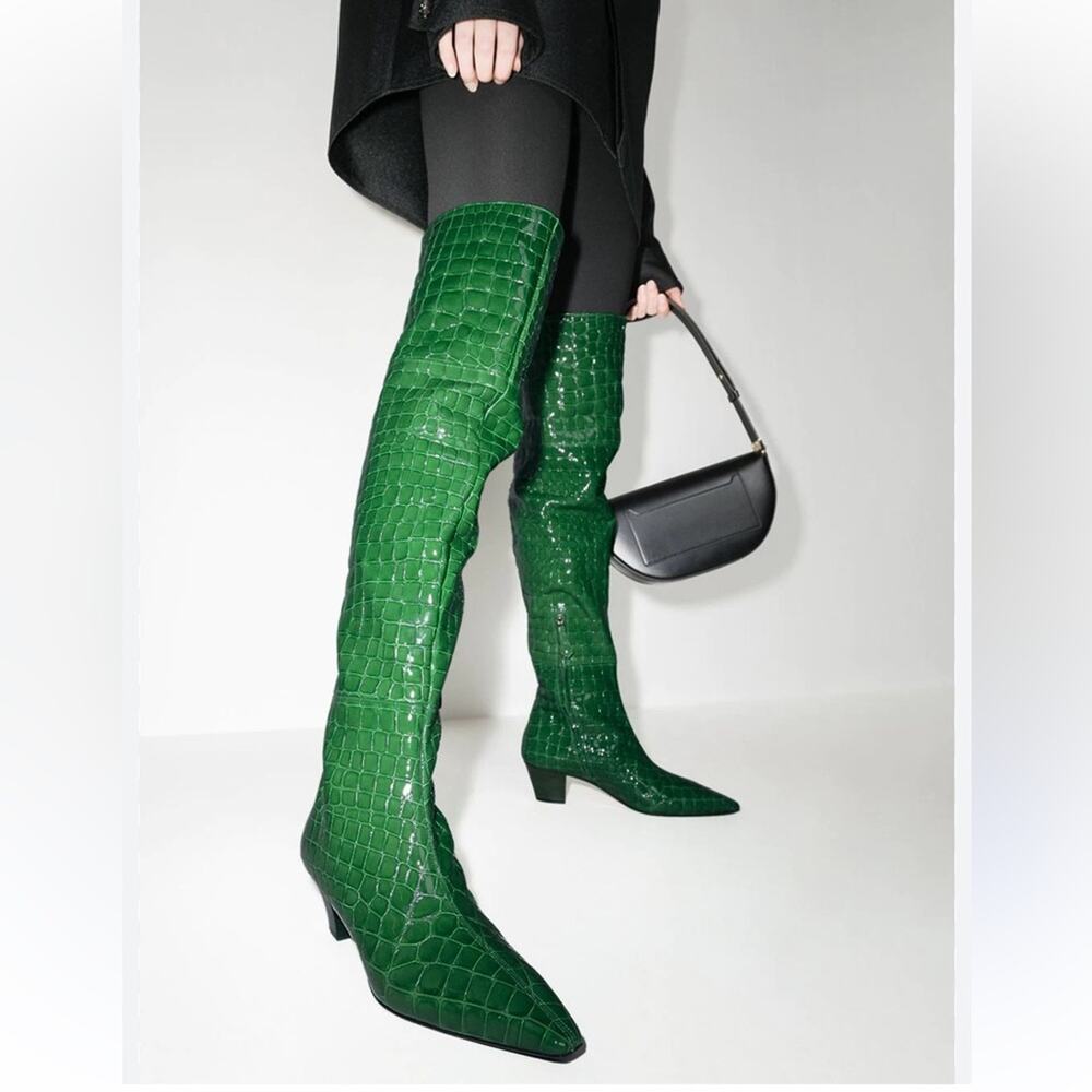 Aquazzura $1600 OTK Tres Gainsbourg Womens Croc Leather Over the Knee Boots 38